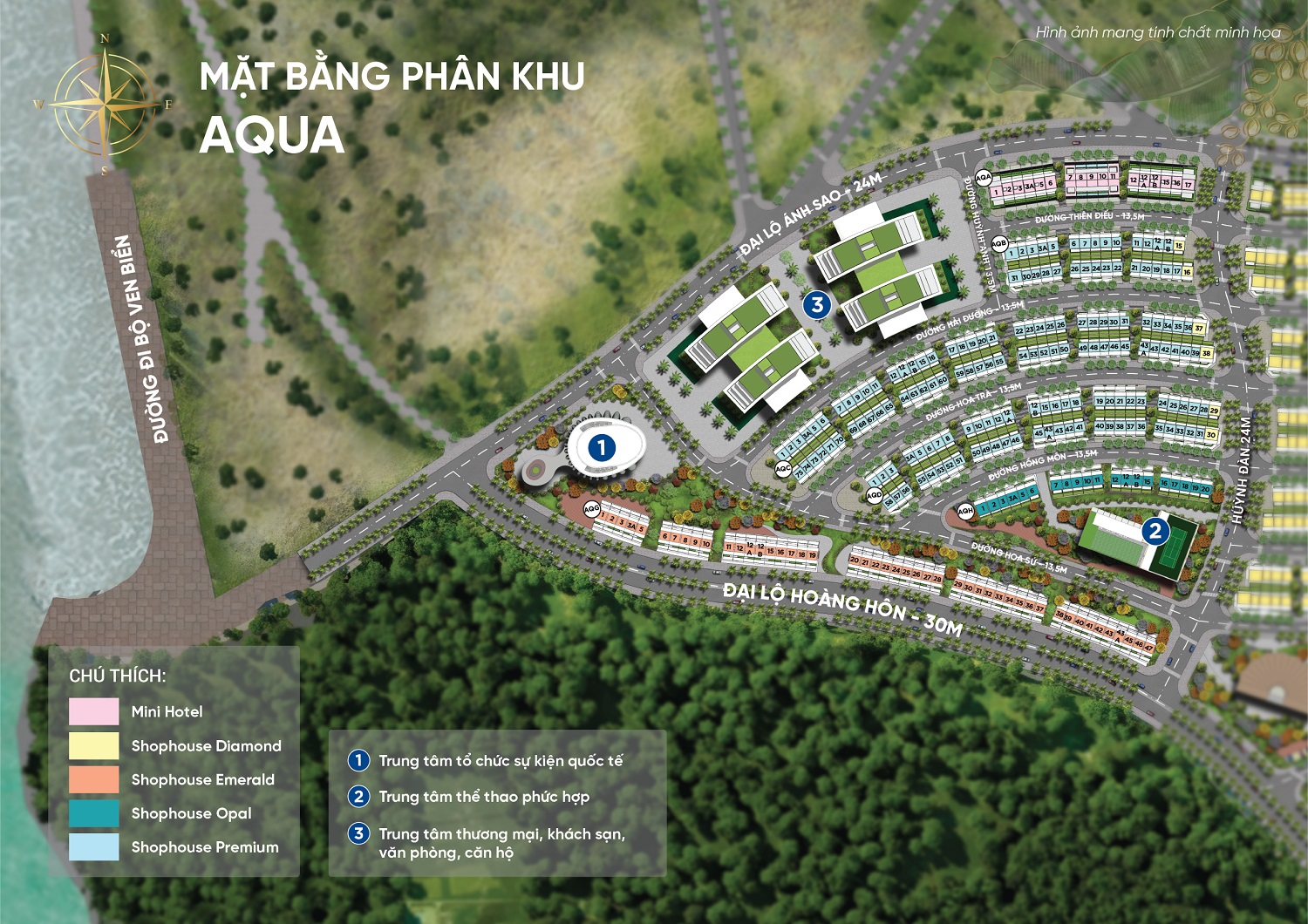 Mặt bằng mô tả vị trí các lô Shophouse và Mini Hotel Meyhomes Capital Phú Quốc - Phân khu Aqua